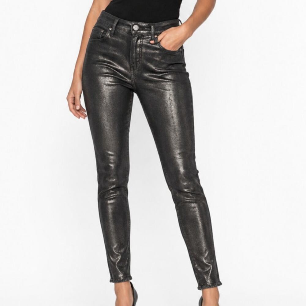 We The Free Metallic Coated Skinny Jeans Women 29 Black Shimmer Mid Rise Stretch